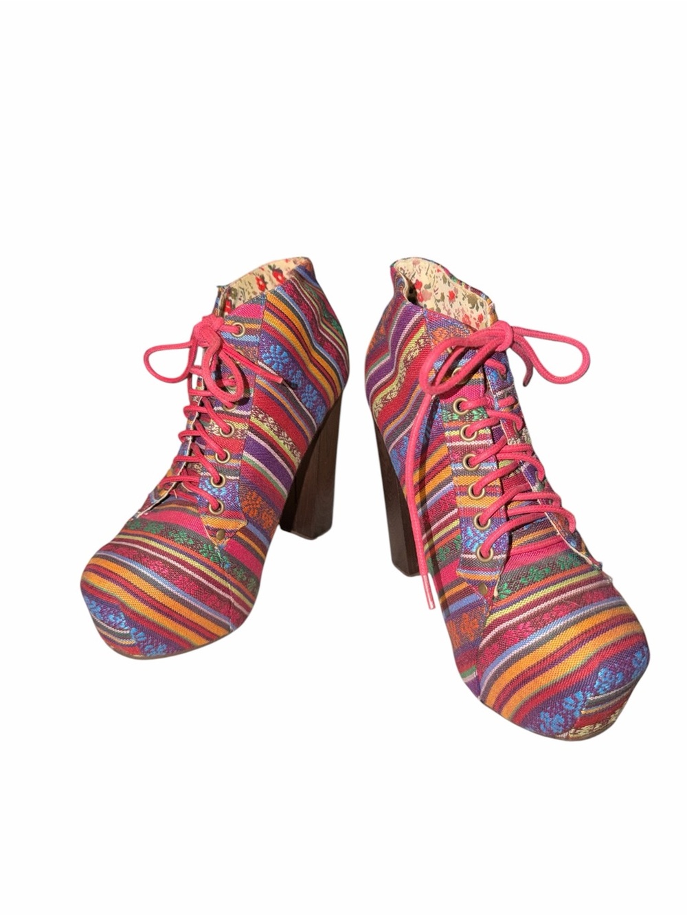 Vintage Multicolor Striped Lace-Up Platform Boots with Pink Laces